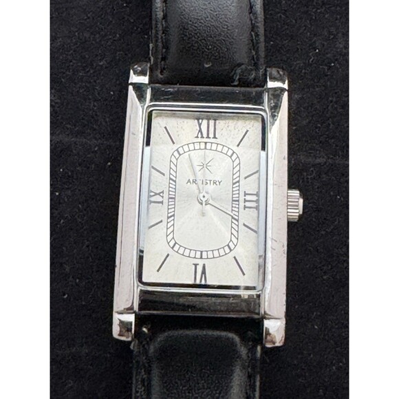 Artistry Analog Wristwatch Black Genuine Leather Buckle Band Rectangular Face - Picture 4 of 9